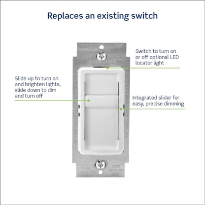 Leviton SureSlide Dimmer Switch for Dimmable LED, Halogen and Incandescent Bulbs, 6672-1LW, White - color: White