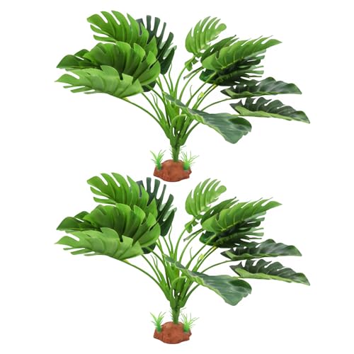 2 Pack Fake Monstera Plant Tank Decor, Realistic Artificial Plastic Plant Decoration for Reptile Amphibian Habitat Terrarium, Decor Accessories for Bearded Dragon Betta Fish Tortoise Chameleon Lizard