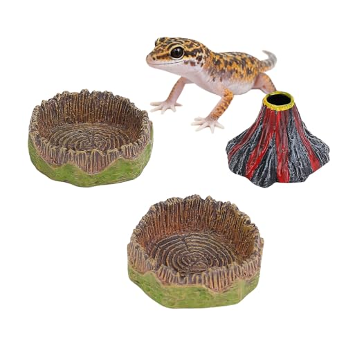 Small Reptile Feeding Dish 2Pack Gecko Food Water Dispenser Worm Bowl with Resin Volcano Decor for Terrarium Leopard Crested Gecko Juvenile Bearded Dragon Lizards Cricket Dubia Feeder