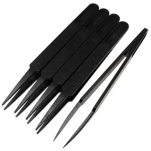 MMOBIEL 5Pcs Anti-static Multifunctional Plastic Precision Tweezers Set, Pointed Tip Tweezers for Electronics, Jewelry-Making, Laboratory Work, Repair Black - size: 5x