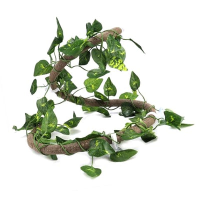 Premium Jungle Reptile Folding Branch Decoration for Chameleon, Turtle, Amphibian, Arboreum 3-D, Flexible Vine, 6.89 Feet Screw, PU+Eco-friendly Plastic (Rattan + Leaves - size: Rattan + foglie di ravanello verde