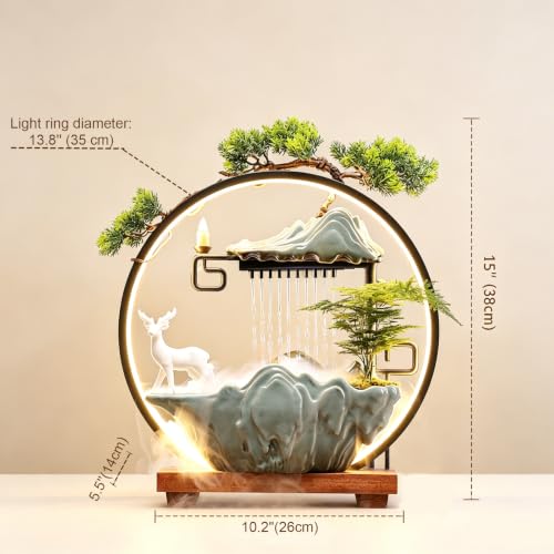 Luxury Feng Shui Zen Tabletop Fountain with Mist and LED Light | Tabletop Water Fountains with Backflow Incense Holder, Indoor Meditation Water Feature for Living Room and Office - color: Deer