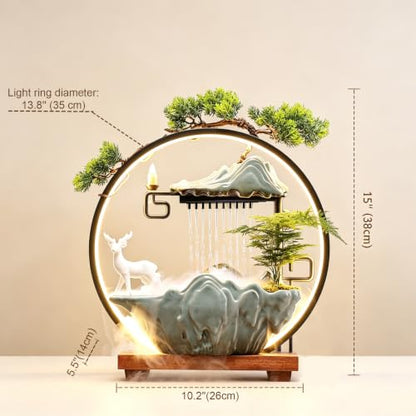Luxury Feng Shui Zen Tabletop Fountain with Mist and LED Light | Tabletop Water Fountains with Backflow Incense Holder, Indoor Meditation Water Feature for Living Room and Office - color: Deer