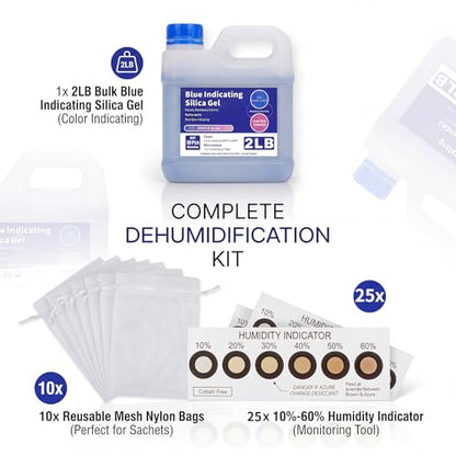 2 Lbs Blue Silica Gel Desiccant Beads, Reusable Indicating Moisture Absorber with 25 Humidity Cards & 10 Mesh Bags for 3D Printer Filament & Electronics