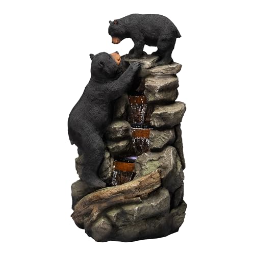 Alpine Corporation 36" Tall Indoor/Outdoor 2 Bears Climbing Rainforest Water Fountain with LED Lights, Cascading Wildlife Water Feature for Garden, Patio, and Home Decor, Brown - style: 36" H - Bears Climbing w/ LED's