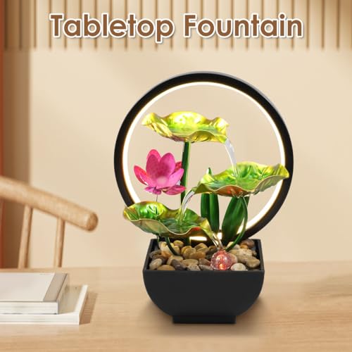 Tabletop Fountain 3-Tiers Leaf,11" Small Waterfall Fountains Indoor Water Fountain with Rocks and Ring Lights,Desktop Fountains for Meditation Relaxation for Bedroom Living Room Office