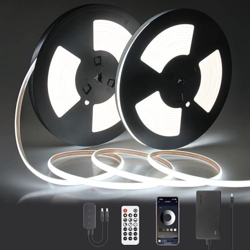 Outdoor COB LED Lights Strip Waterproof 24V 65.6FT 6000K Daylight White Dimmable Flexible COB LED Tape Light with Remote Bluetooth 320LED/M Super Bright Adhesive for Cabinet Courtyard (20M/2roll) - color: Cold White, size: 20M