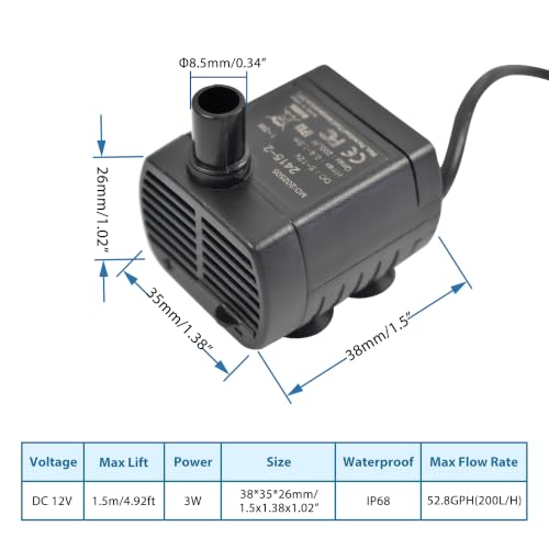 CONQUERALL Submersible DC 12V 3W Aquarium Pump 200L/H 1.5m Lift with 3.3ft Silicone Tube for Water Circulation - color: 12v 3w 200l/H 1.5m Head