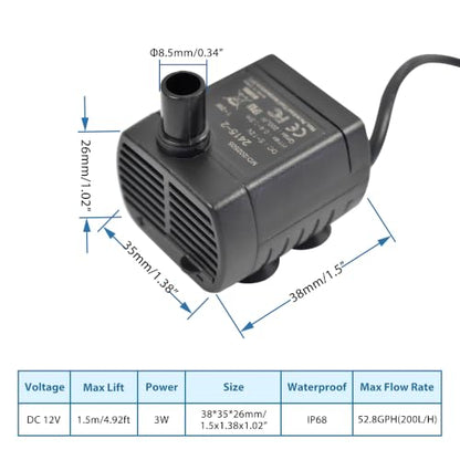 CONQUERALL Submersible DC 12V 3W Aquarium Pump 200L/H 1.5m Lift with 3.3ft Silicone Tube for Water Circulation - color: 12v 3w 200l/H 1.5m Head