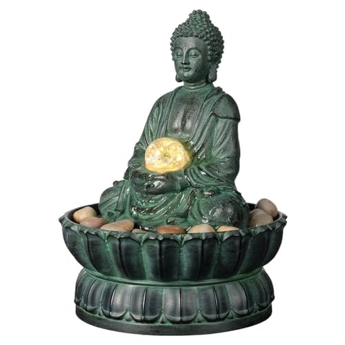 Indoor Tabletop Fountain Buddha Exquisite Sitting Meditation Statue, Desk-Top Water Fountain Decorative Zen Fountain w/Glass Rolling Ball/LED/Stone for Office/Home/feng Shui Decor 9.4" - color: Light Green