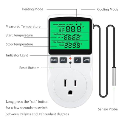 Digital Temperature Controller, Backlit LCD Screen Thermostat Heating Cooling Outlet Plug for Reptile Incubator US Plug