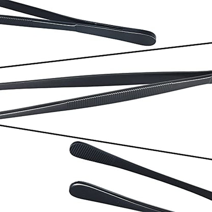 12-Inch Professional Kitchen & Cooking Tweezers Tongs - Stainless Steel Long Tweezer Tongs - Black Coated - BBQ,Plating,Multi-use - color: Black