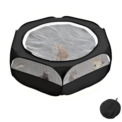 Small Animals Playpen with Top Zippered Cover, Portable Hexagonal Foldable Pet Tent, High-Strength Steel & Breathable Mesh, Indoor Outdoor Yard Fence for Rabbits, Chinchillas, Hedgehogs (Black) - color: Black
