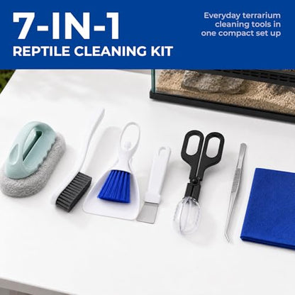 Bearded Dragon Tank Cleaning Kit, 7-in-1 Reptile Tank Cleaning Kit with Mini Dustpan and Brush, Feeding Tongs, Tweezer, Scraper & Cloth, Bearded Dragon Tank Accessories for Lizard & Gecko (Blue set)