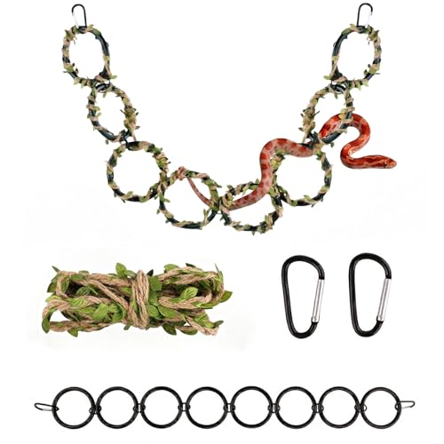 Snake Climbing Rings, 8 Rings Snake Climbing Chain with 2 Carabiners and Rope, Corn Snakes Enrichment Toys for Terrarium, Bearded Dragon, Chameleon, Lizard, Parrot,Reptile (38.3x4.3 in)