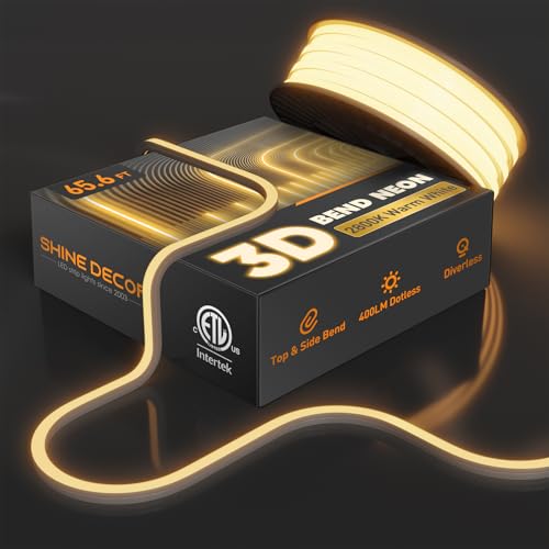 Shine Decor 3D LED Neon Rope Lights AC 120V, Top & Side Bend 400LM Dotless, Driverless IP65 Waterproof Cold-Resistant ETL Silicone Strip for Home Commercial 10x10mm, 2800K Warm White, 65.6ft - color: 2800K Warm White, size: 65.6 ft