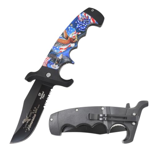 Snake Eye Tactical 9" Folding Pocket Knife – 4" Black 440 Stainless Steel Half Serrated Blade, 5" Patriotic American Flag & Eagle Printed Handle, Pocket Clip, 250th Anniversary Edition - color: Black