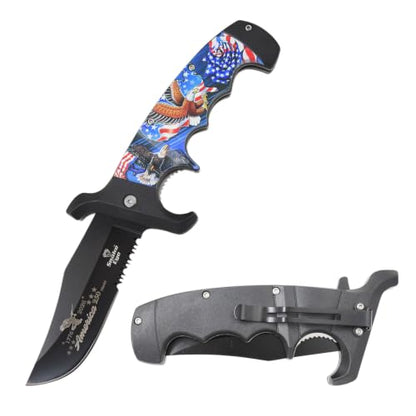 Snake Eye Tactical 9" Folding Pocket Knife – 4" Black 440 Stainless Steel Half Serrated Blade, 5" Patriotic American Flag & Eagle Printed Handle, Pocket Clip, 250th Anniversary Edition - color: Black