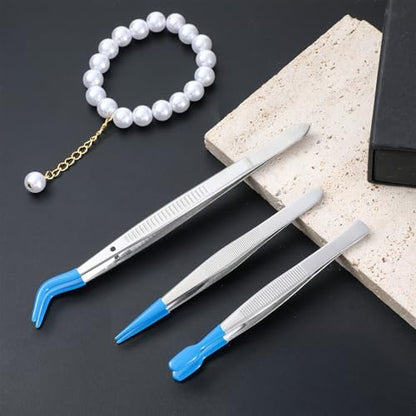 3PCS Rubber Tipped Tweezers, Blue Silicone Craft Tweezers Kit for Jewelry-Making Sticker Stamps, Metal Precision Tweezers for Crafting & Stamp Collecting Supplies