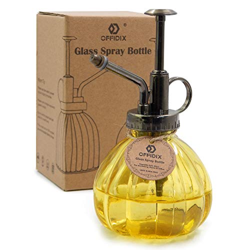 OFFIDIX Yellow Glass Watering Can Indoor, 6.3" Tall Vintage Style with Bronze Plastic Top Pump One Hand Spray Bottle - color: H-yellow