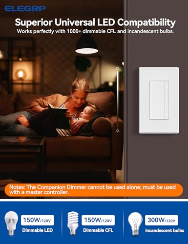 ELEGRP LEDPro™ Multi-Location Dimmer, EDM25BMC Master and Companion Dimmer Light Switch for LED, Single Pole/3 Way, 1 Pack, Matte White - color: Matte White, size: Master & Companion