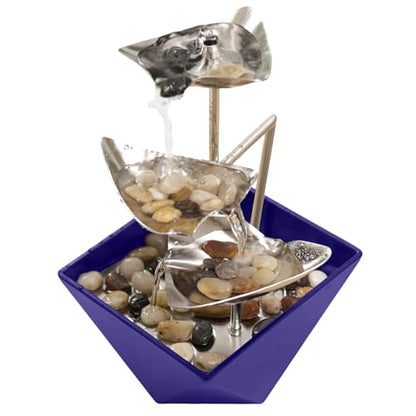 Tabletop Water Fountain Indoor - Handcrafted 3-Tier Waterfall 304 Metal | Easy "+" "-" On/Off Switch, Quiet Pump, Zen Relaxation for Office, Living Room, or Bedroom, Durable Desktop Fountain - color: Blue