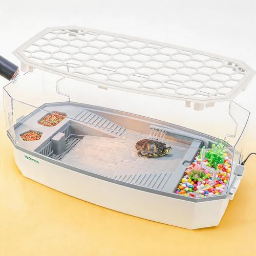 Large Turtle Tank Aquarium Kit with Basking Platform 3-Stage Filter Heating Lamp Anti-Escape Lid Complete Habitat for Aquatic Box Turtles (White, 19.6×10.0×8.4 Inch) - color: White, size: 19.6"L x 10.0"W x 8.4"H