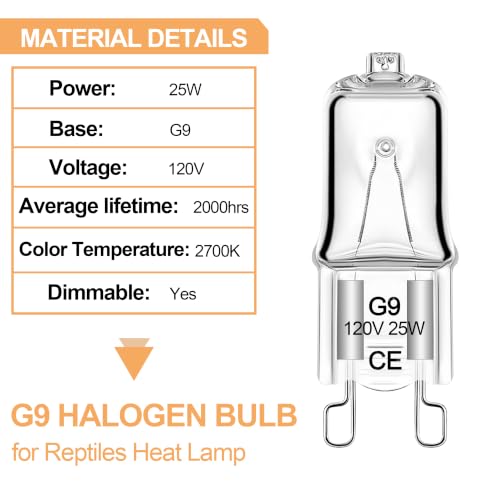 G9 25W Mini Halogen Bulb, 2 Pack, Day White Reptile Basking Light, Compact Long-Lasting Bulb for Reptile Terrariums