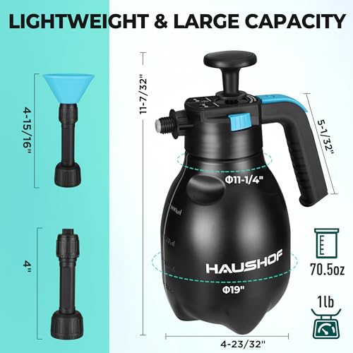 HAUSHOF Hand Pump Sprayer 1/2 Gallon, Pressure Garden Spray Bottle for Plants, Weeds, Flowers, Foam Sprayer Car Detailing with 2 Adjustable Nozzles, Lawn Watering & Outdoor Cleaning, 2L
