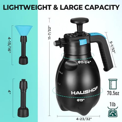 HAUSHOF Hand Pump Sprayer 1/2 Gallon, Pressure Garden Spray Bottle for Plants, Weeds, Flowers, Foam Sprayer Car Detailing with 2 Adjustable Nozzles, Lawn Watering & Outdoor Cleaning, 2L