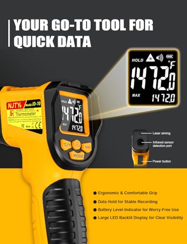 NJTY Infrared Thermometer Gun, -58℉ to 1472℉, High Precision, Non-Contact Laser Temperature Sensor with Backlit LCD, for Cooking, BBQ, Automotive, Industrial Use - style: -58℉ to 1472℉