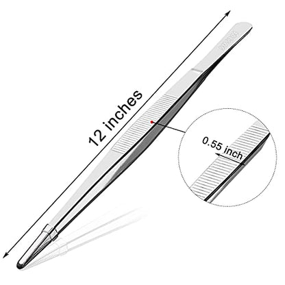 Stainless Steel Long Tweezers Tongs Kitchen Tweezer with Precision Serrated Tips Long Straight Tweezers for Cooking Cooking Tweezer for Sea Food Surgical BBQ (12 Inch)