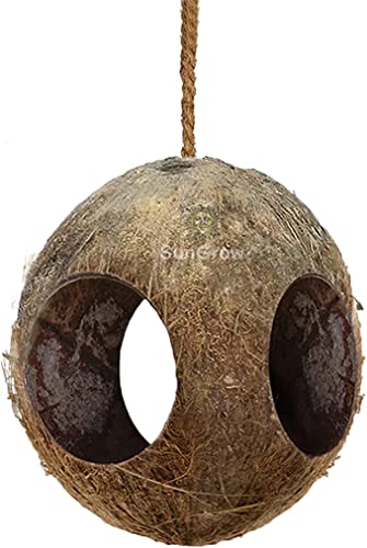 SunGrow Hermit Crab Hut Cozy Crabitat Coconut Shell with Hanging Loop and Climbing Accessory