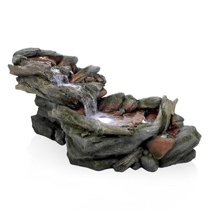 Alpine Corporation | 60"L Outdoor 3-Tier Rainforest Rock River Hand-Painted Water Fountain with LED Lights — Garden, Patio & Yard Décor - style: 60" L - 3-Tier w/ LED's