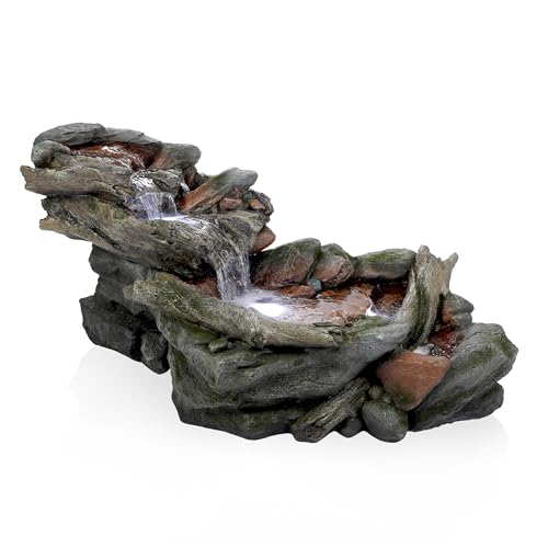 Alpine Corporation | 60"L Outdoor 3-Tier Rainforest Rock River Hand-Painted Water Fountain with LED Lights — Garden, Patio & Yard Décor - style: 60" L - 3-Tier w/ LED's