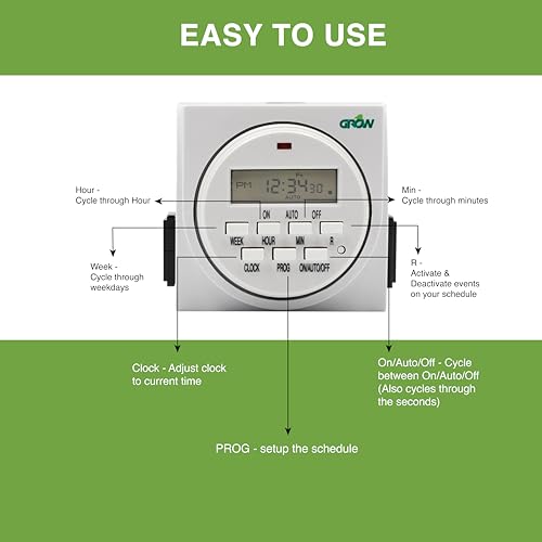 Grow1 Dual Outlet Digital Plug in Timer, 7 Day Timer, Compatible with 110V, 115V & 120V Plugs, 3-Prong, Timed Outlet Plug is Great for Lamp Timers Programmable Indoor, Perfect Digital Outlet Timer