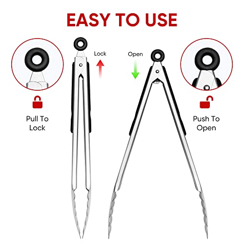 Stainless Steel Tongs Set, Food Grade Stainless Steel Kitchen Tongs, Heat Resistant 600 Degrees, for Cooking, BBQ Barbecue, Grilling, Buffet, Serving (7"+9"+12") | For Cooking/Serving/Grilling | Heat-Resistant | Dishwasher Safe - size: 7"+9"+12"
