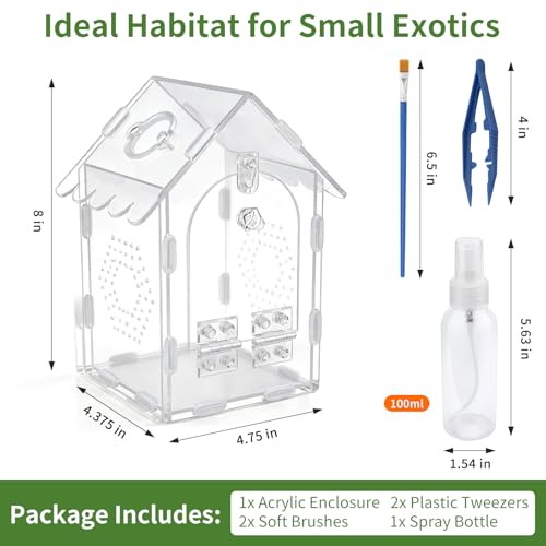 Jumping Spider Enclosure, Acrylic Tarantula Terrarium 4.38"×4.75"×8", Care Kit with 2 Tweezers, 2 Paint Brushes & Spray Bottle, Magnetic Door, Escape-Proof Habitat for Spiders, Tarantulas & Mantis