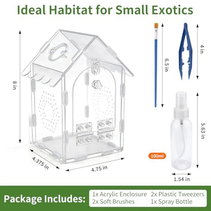 Jumping Spider Enclosure, Acrylic Tarantula Terrarium 4.38"×4.75"×8", Care Kit with 2 Tweezers, 2 Paint Brushes & Spray Bottle, Magnetic Door, Escape-Proof Habitat for Spiders, Tarantulas & Mantis