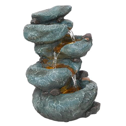 Alpine Corporation TZL418 14" 3 Tier Rock Fountain with LED Lights, Elegant Cascading Water Feature for Tabletop, Indoor Decor, Relaxing Stone Waterfall for Home & Office, Gray - style: Elegant Rock w/ LED Lights