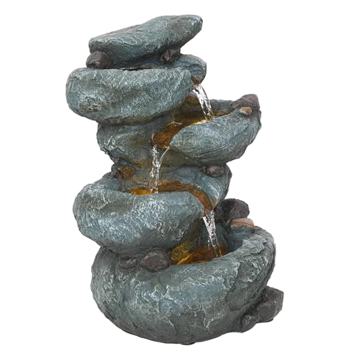 Alpine Corporation TZL418 14" 3 Tier Rock Fountain with LED Lights, Elegant Cascading Water Feature for Tabletop, Indoor Decor, Relaxing Stone Waterfall for Home & Office, Gray - style: Elegant Rock w/ LED Lights