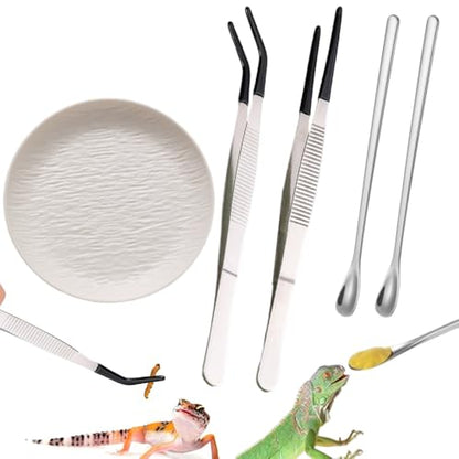 Ouliget Reptile Feeding Tool Set,Rubber Tip Straight Curved Feeding Tongs Tweezers Feeding Spoon,Small Reptile Food Plastic Dish Bowl for Geckos Lizards Bearded Dragons