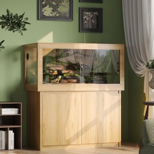 120 Gallon Reptile Tank, Terrarium Tank with Storage Cabinet, Breathable Wire Mesh Top and Wire Threading Holes, Large Reptile Enclosure with Spring Lock for Bread Dragon, Gecko, Log Color