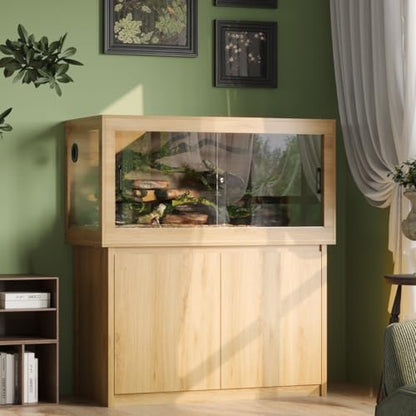 120 Gallon Reptile Tank, Terrarium Tank with Storage Cabinet, Breathable Wire Mesh Top and Wire Threading Holes, Large Reptile Enclosure with Spring Lock for Bread Dragon, Gecko, Log Color
