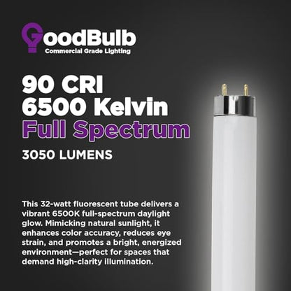 GoodBulb 32W 48 Inch T8 Fluorescent Light Bulb, 6500K Full Spectrum Medium Bi-Pin Base, 3050 Lumens 86 CRI 24000 Life Hours, Instant/Programmed Start (Pack of 25) - color: 6500k