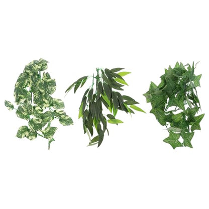 Cabilock Reptile Tank Decor Artificial Green Vine Plants 3pcs Set with Suction Cups 12-inch Leaf and 30cm Climbing Leaves for Gecko Snake Terrarium Habitat