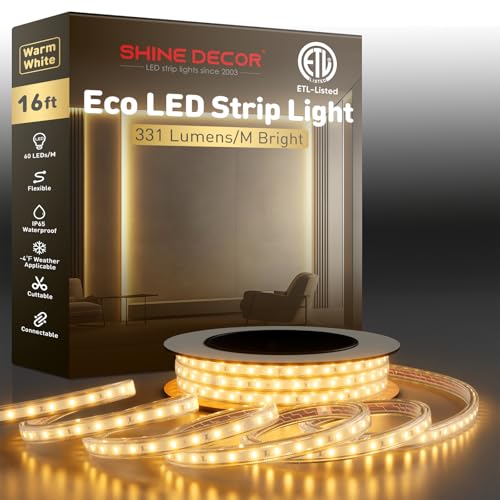 Shine Decor LED Strip Light Easy Connectable, 2800K Warm White Cold Resist Weatherproof Plug-in for Indoor Outdoor, 101 LM/FT Dimmable Bright Eco Rope Lighting 16.4FT, 120V Whole Set ETL Listed - color: Warm White, size: 16.4 Ft