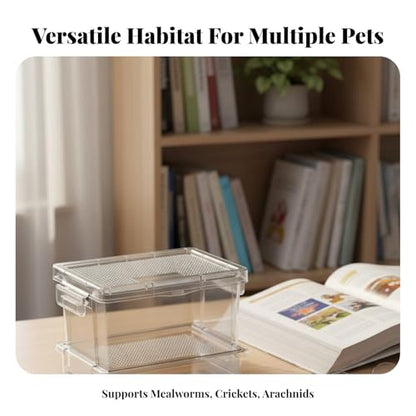 Reptile Feeding Box, Clear Ventilation Container for Mealworms and Crickets, 5.31 x 3.54 x 3.94 in