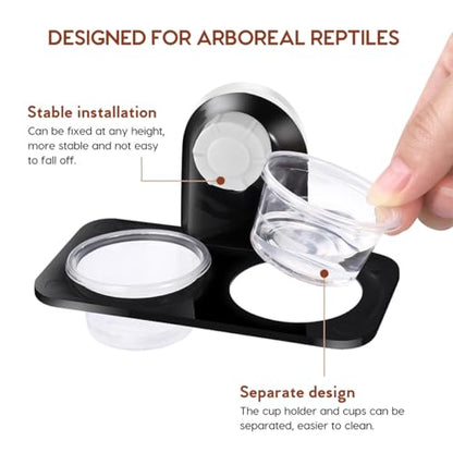 DOITOOL 2pcs Reptile Food and Water Bowls with Double Suction Cups, Black Plastic Feeding Dishes for Terrariums, Aquarium Water Bowls Suitable for Geckos, Turtles, and Small Reptiles