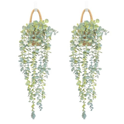 Fake Hanging Plant Decor Indoor, Eucalyptus Artificial Faux Plants in Wall Woven Planters, Jute Hanger with Black Pot Soft Green 2PCS 23Inch Long - size: Jute Hanger-2PCS